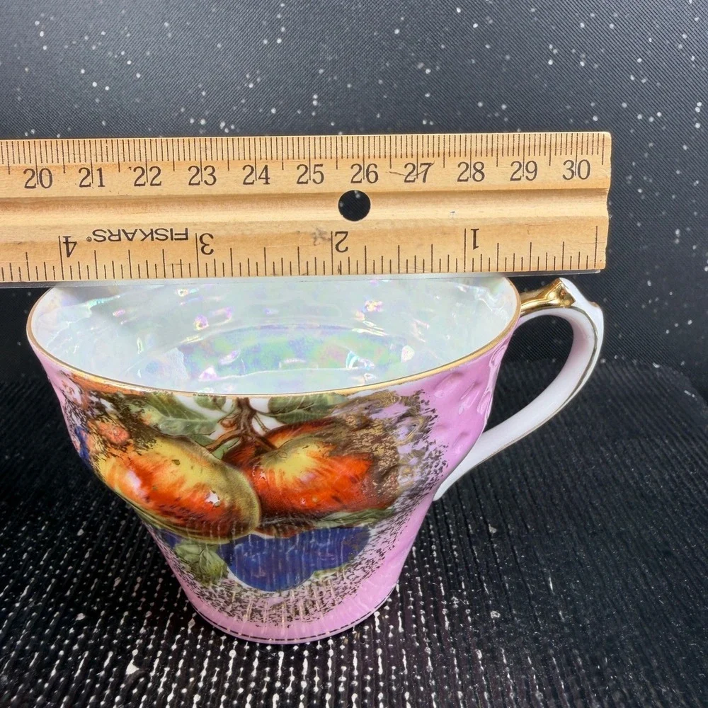 Royal Halsey Very Fine Pink Fruit Reticulated Tea Cup and Saucer Set Gold Gilt